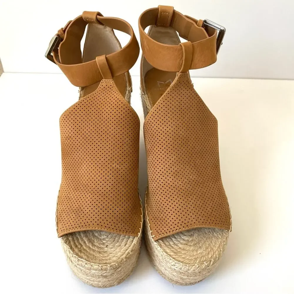 Marc Fisher Annie Perforated Wedge Platform Espadrille Cognac Brown size 9.5